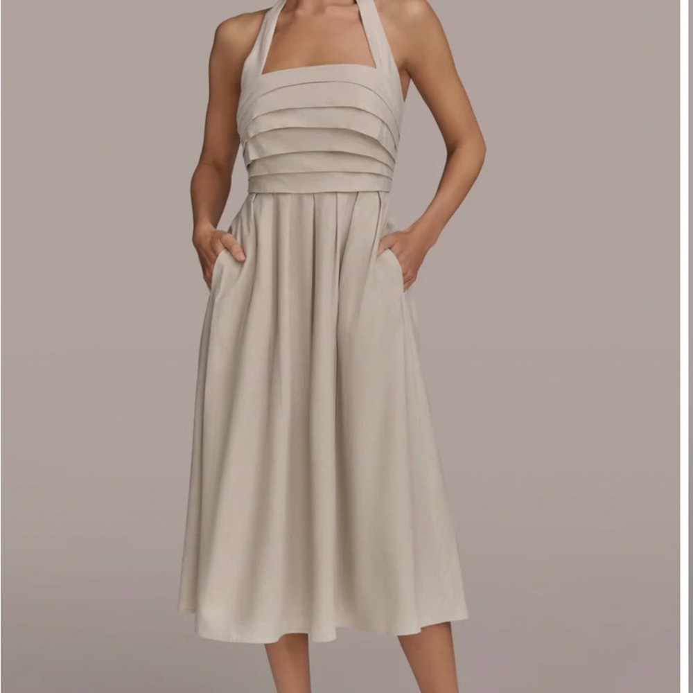 LINEN-BLEND SQUARE-NECK MIDI HALTER DRESS Elegant Cream Halter Dress 6